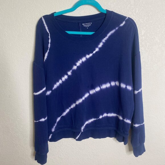 Athleta Sundown Sweatshirt Womens M Tie-Dye Navy White Cotton Blend Crewneck Pul - Picture 1 of 7